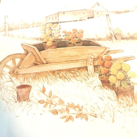 Wesley Hall Framed Wood Prints Set of 2 Wishing Well Wheelbarrow 1970s 12.5x10.5 - Picture 2 of 8